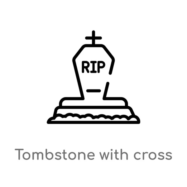 Overzicht Tombstone Met Kruis Vector Icoon Geïsoleerde Zwarte Eenvoudige Lijn — Stockvector