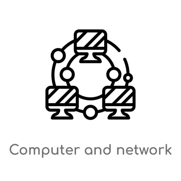 Umriss Computer Und Netzwerk Vektor Symbol Vereinzelte Schwarze Einfache Linie — Stockvektor