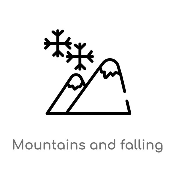 勾勒山和落雪花矢量图标 从自然概念被隔绝的黑简单的线元素例证 可编辑的矢量中风山和落雪花图标上的白色 — 图库矢量图片