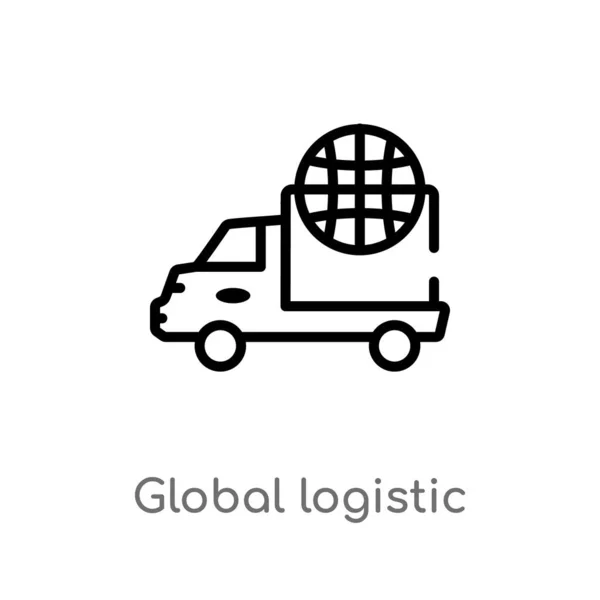 Obrysová Ikona Globálního Logistického Vektoru Izolované Černé Jednoduché Řádkové Elementy — Stockový vektor