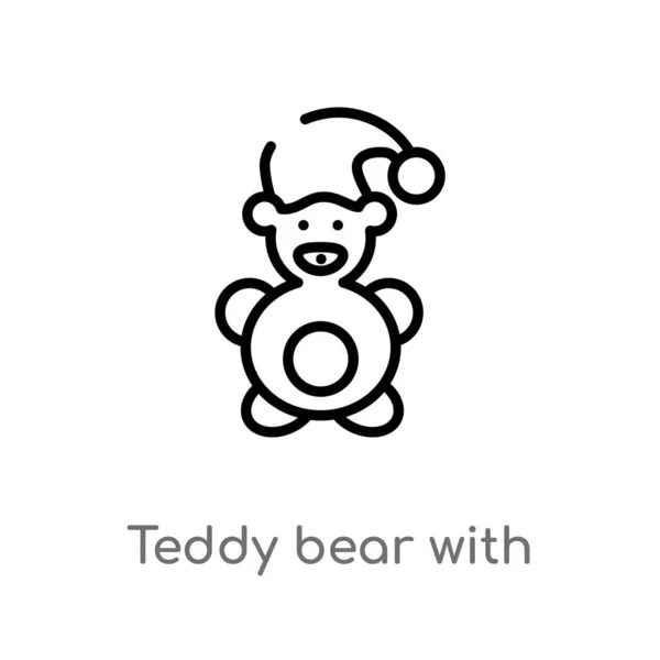 Schets Teddybeer Met Slaapmuts Vector Icoon Geïsoleerde Zwarte Eenvoudige Lijn — Stockvector