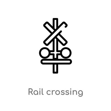 Anahat demiryolu geçiş vektör simgesi. harita ve bayraklar kavramı izole siyah basit çizgi eleman illüstrasyon. Beyaz arka planda düzenlenebilir vektör kontur raylı geçiş simgesi