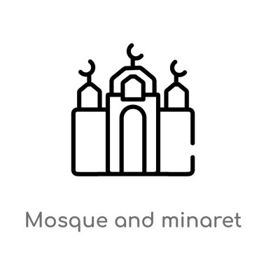 Anahat cami ve minare vektör simgesi. din-2 kavramı izole siyah basit çizgi eleman illüstrasyon. Beyaz arka planda düzenlenebilir vektör inme cami ve minare simgesi