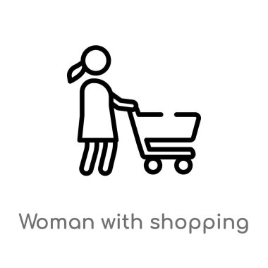 alışveriş sepeti vektör simgesi ile anahat kadın. basit eleman illüstrasyon izole insan kavramı siyah. Beyaz arka planda alışveriş sepeti simgesi ile düzenlenebilir vektör inme kadın