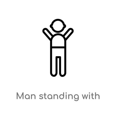 Anahat adam ayakta silah vektör simgesi ile. basit eleman illüstrasyon izole insan kavramı siyah. Beyaz arka planda kol yukarı simgesi ile düzenlenebilir vektör inme adam ayakta