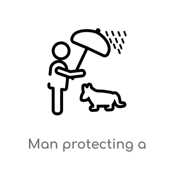 Contorno Uomo Proteggere Cane Con Icona Vettoriale Ombrello Isolato Nero — Vettoriale Stock