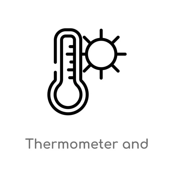 轮廓温度计和太阳矢量图标 从天气概念被隔绝的黑简单的线元素例证 可编辑的矢量行程温度计和太阳图标在白色背景 — 图库矢量图片