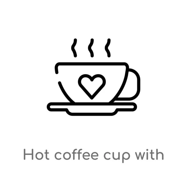 Outline Hot Coffee Cup Hearts Vector Icon Isolated Black Simple — Stock Vector