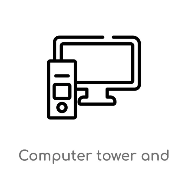 Outline Computer Tower Monitor Vector Icon Isolated Black Simple Line — Stock Vector