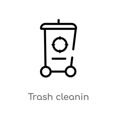 vektör simgesinde çöp temizleme anahat. temizlik kavramından izole siyah basit çizgi elemanı illüstrasyon. beyaz arka plan üzerinde değiştirilebilir vektör kontur çöp temizleme simgesi