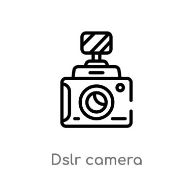 anahat dslr kamera vektör simgesi. sinema kavramından izole siyah basit çizgi elemanı illüstrasyon. beyaz arka planda editable vektör kontur dslr kamera simgesi
