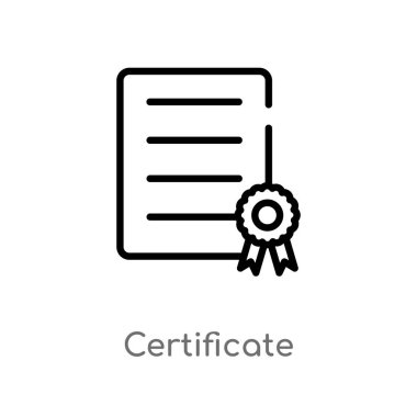 anahat sertifika vektör simgesi. teslim ve lojistik kavramından izole siyah basit çizgi elemanı illüstrasyon. beyaz arka planda değiştirilebilir vektör kontur sertifikası simgesi