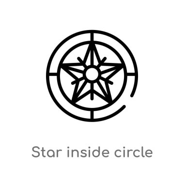 Anahat yıldız içinde daire vektör simgesi. sade izole hat eleman illüstrasyon deniz kavramı siyah. Beyaz arka plan üzerinde düzenlenebilir vektör kontur yıldız içinde daire simgesi