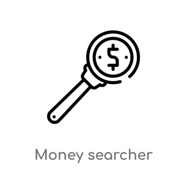 anahat para searcher vektör simgesi. iş kavramından izole siyah basit çizgi öğesi illüstrasyon. beyaz arka planda değiştirilebilir vektör vuruşu para arama simgesi
