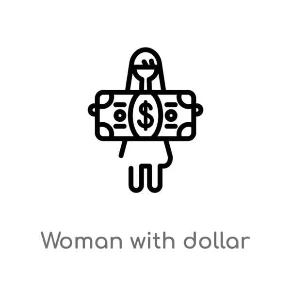 Delinear Mulher Com Ícone Vetor Nota Dólar Isolado Preto Simples — Vetor de Stock