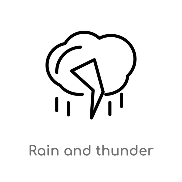 アウトライン雨と雷ベクトルアイコン 気象学の概念から孤立した黒のシンプルなライン要素のイラスト 白い背景に編集可能なベクトルストローク雨と雷のアイコン — ストックベクタ