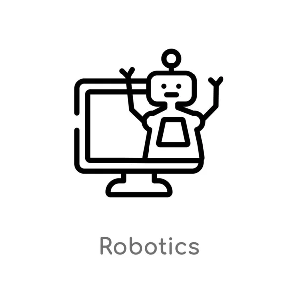 アウトラインロボティクスベクトルアイコン コンピュータの概念から分離された黒の単純な線要素のイラスト 白い背景に編集可能なベクトルストロークロボット工学アイコン — ストックベクタ