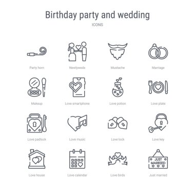16 doğum günü partisi ve düğün konsepti vektör çizgi simgeleri s seti