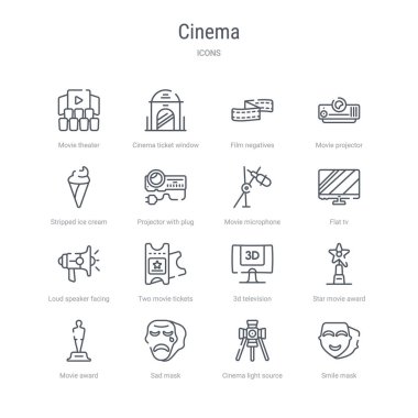 gülümseme maskesi, c gibi 16 sinema kavramı vektör hattı simgeleri kümesi