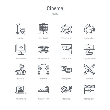 film oynatıcı gibi 16 sinema konsepti vektör çizgisi simgeleri kümesi,