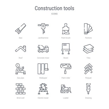 d gibi 16 inşaat araçları kavram vektör hattı simgeleri kümesi
