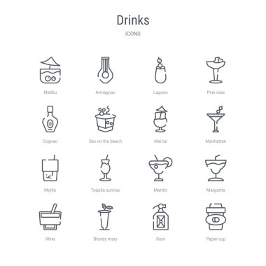 kağıt bardak, ru gibi 16 içecekler kavramı vektör hattı simgeleri kümesi