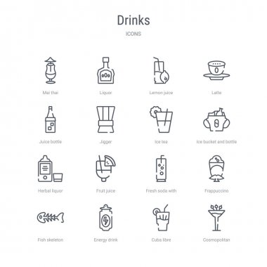 kozmopolit gibi 16 içki kavramı vektör hattı simgeleri kümesi,