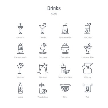 pub, elek, t gibi 16 içki kavramı vektör hattı simgeleri kümesi