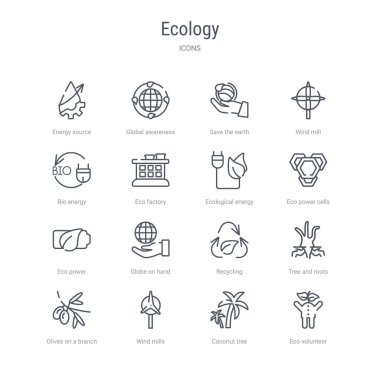 eko voluntee gibi 16 ekoloji kavramı vektör hattı simgeleri kümesi