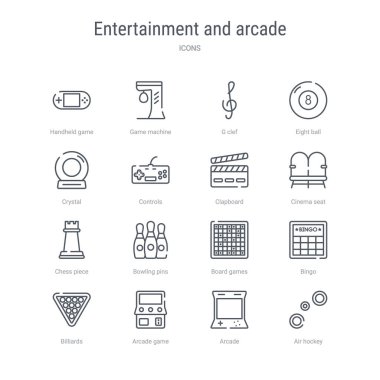 16 eğlence ve arcade kavramı vektör çizgi simgeleri suc seti