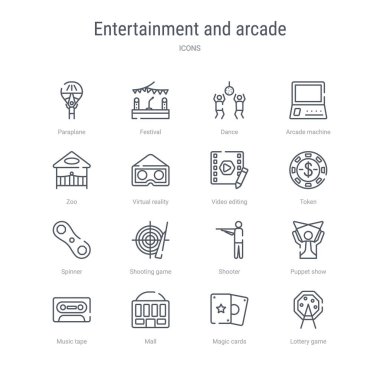 16 eğlence ve arcade kavramı vektör çizgi simgeleri suc seti