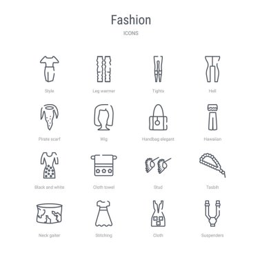 askıları gibi 16 moda konsepti vektör çizgisi simgeleri kümesi, 