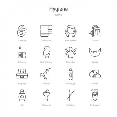 diş macunu gibi 16 hijyen konsepti vektör çizgisi simgeleri kümesi,