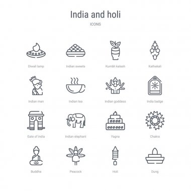 gübre gibi 16 hindistan ve holi kavramı vektör hattı simgeleri kümesi,
