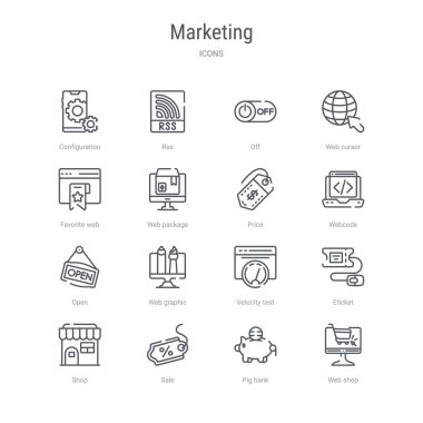 web mağazası gibi 16 pazarlama konsepti vektör hattı simgeleri kümesi, 