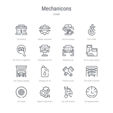 set of 16 mechanicons concept vector line icons such as car spee clipart
