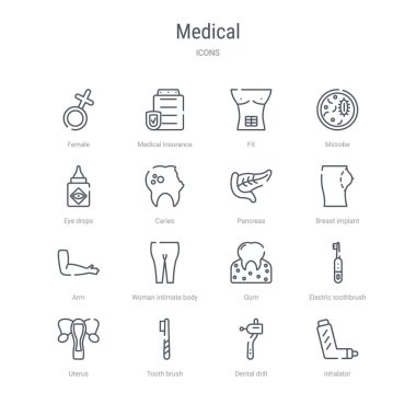 inhalator, d gibi 16 tıbbi kavram vektör hattı simgeleri kümesi