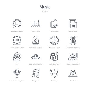 phantom, harmo gibi 16 müzik konsepti vektör çizgisi simgeleri kümesi