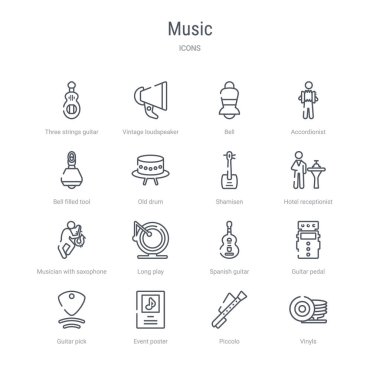viniller, piccol gibi 16 müzik kavramı vektör çizgisi simgeleri kümesi