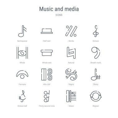 repe gibi 16 müzik ve medya kavramı vektör çizgisi simgeleri kümesi