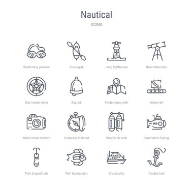 çift yem gibi 16 deniz kavramı vektör hattı simgeleri kümesi