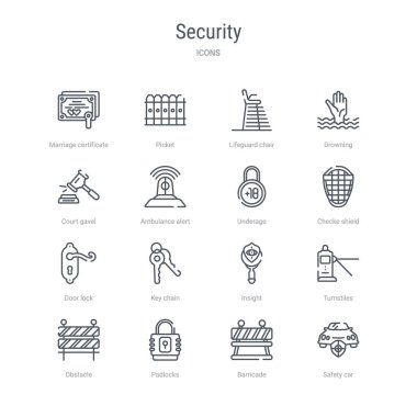 güvenlik aracı gibi 16 güvenlik konsepti vektör çizgisi simgesi kümesi,