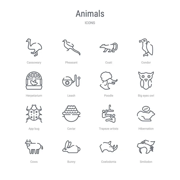 Conjunto de 16 animales concepto vector línea iconos como smilodon, co — Vector de stock