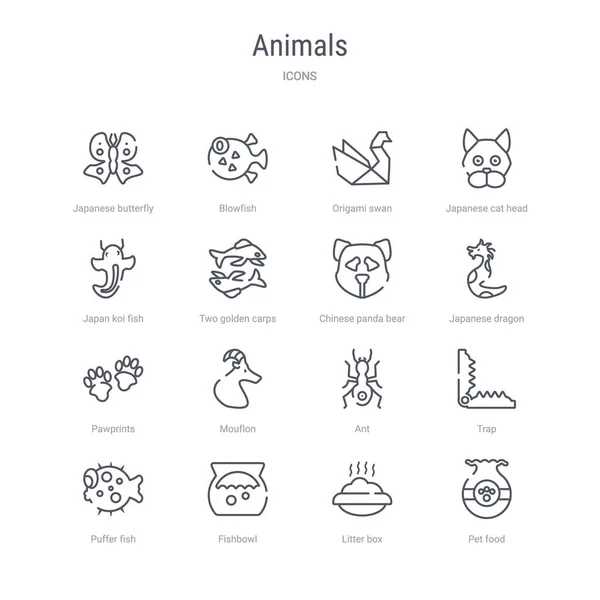 Набор из 16 животных понятие векторные линии значки, такие как корм для домашних животных, ли — стоковый вектор