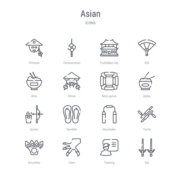 Set van 16 Aziatische concept vector lijn iconen zoals Sai, training, — Stockvector