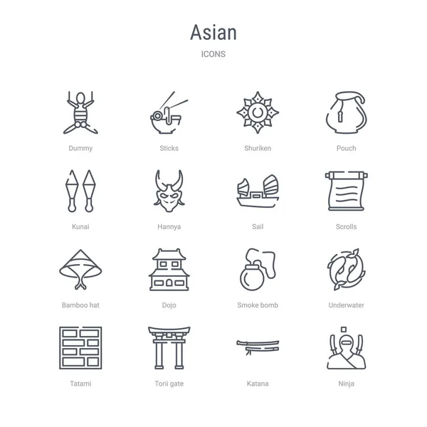 Conjunto de 16 iconos de línea de vector concepto asiático como ninja, katana , — Vector de stock