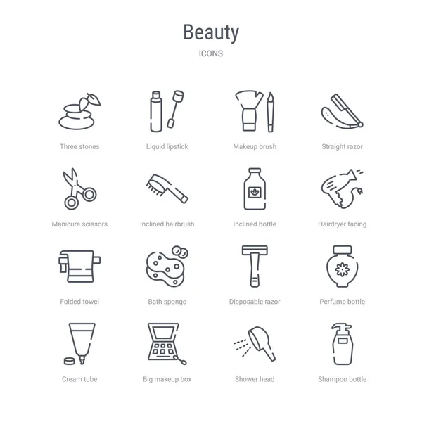 Conjunto de 16 iconos de la línea de vectores concepto de belleza, tales como botella de champú — Archivo Imágenes Vectoriales