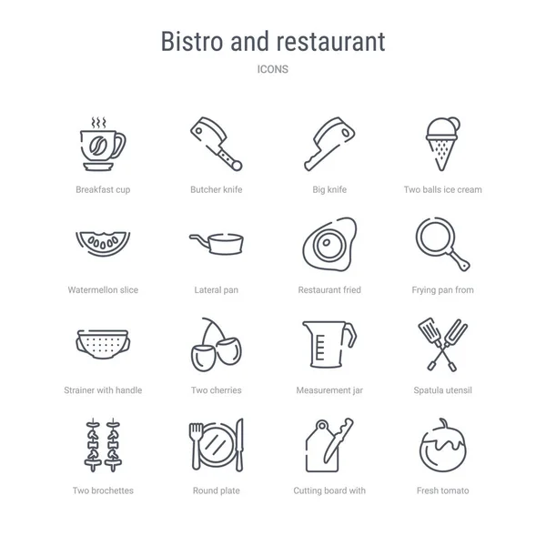 Set von 16 Bistro- und Restaurantkonzepten mit Vektorzeilensymbolen wie — Stockvektor