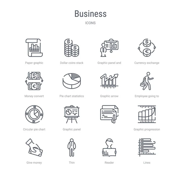 Set of 16 business concept vector line icons such as lines, read — Stock Vector