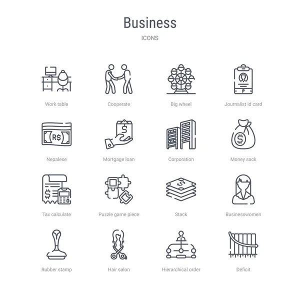 Set of 16 business concept vector line icons such as deficit, hi — Stock Vector